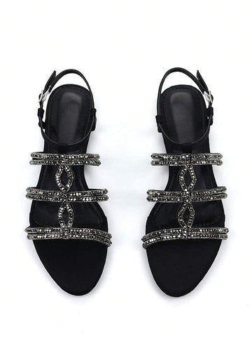 Giày sandal nữ đính đá đen