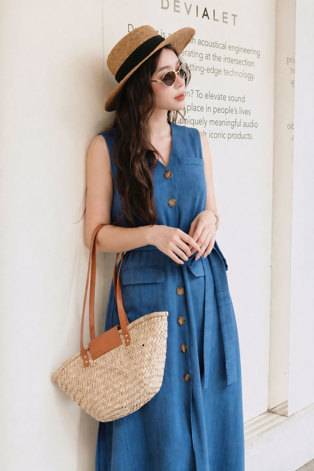 Đầm Dài Linen Hàn Màu Xanh Denim Khuy Sừng Kèm Đai