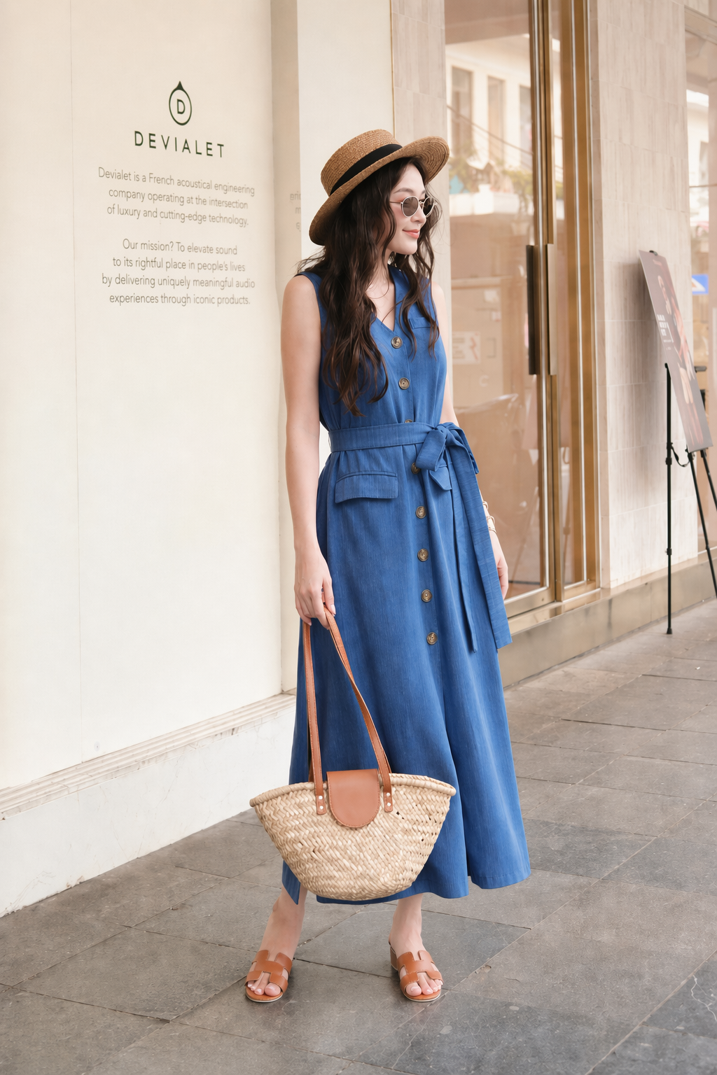 Đầm Dài Linen Hàn Màu Xanh Denim Khuy Sừng Kèm Đai
