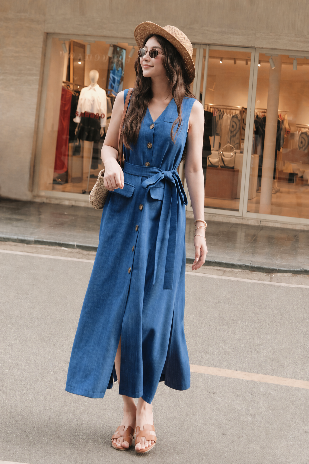 Đầm Dài Linen Hàn Màu Xanh Denim Khuy Sừng Kèm Đai