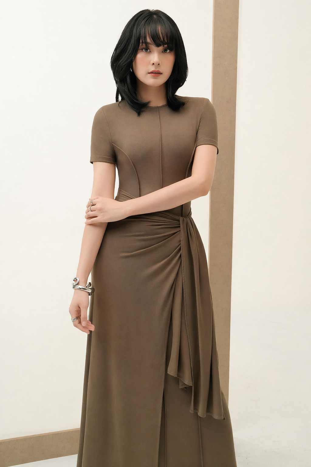 Váy Thun Gân Cotton Thắt Vạt Eo Cách Điệu