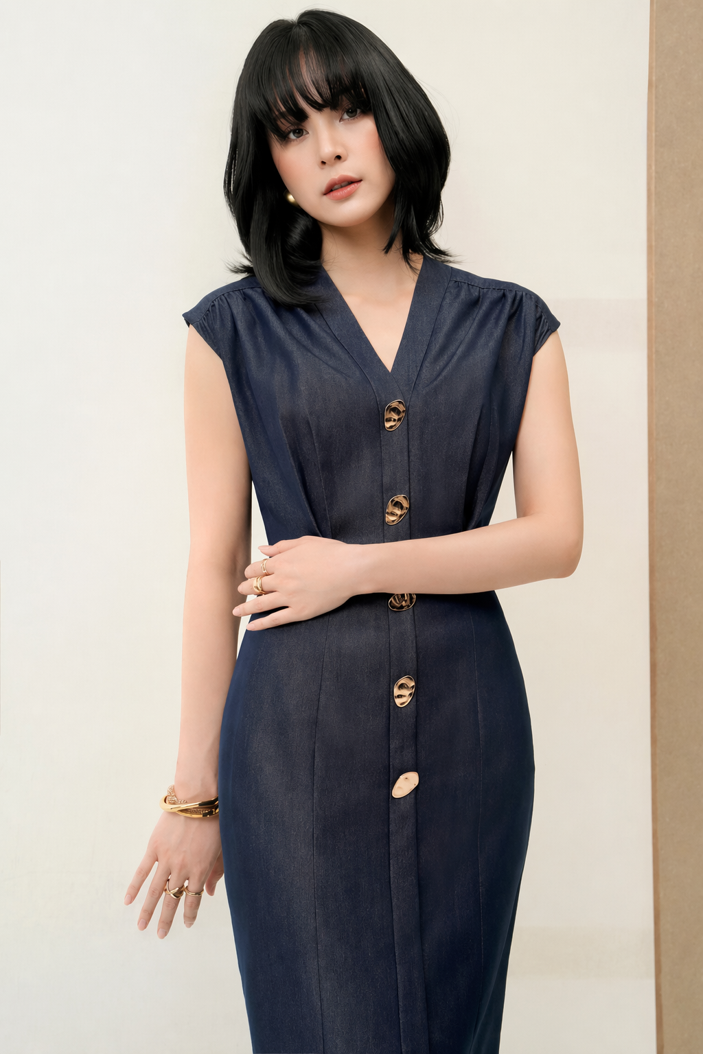 Váy Denim Vai Chờm Bấu Ly Eo Khuy Titan Cao Cấp