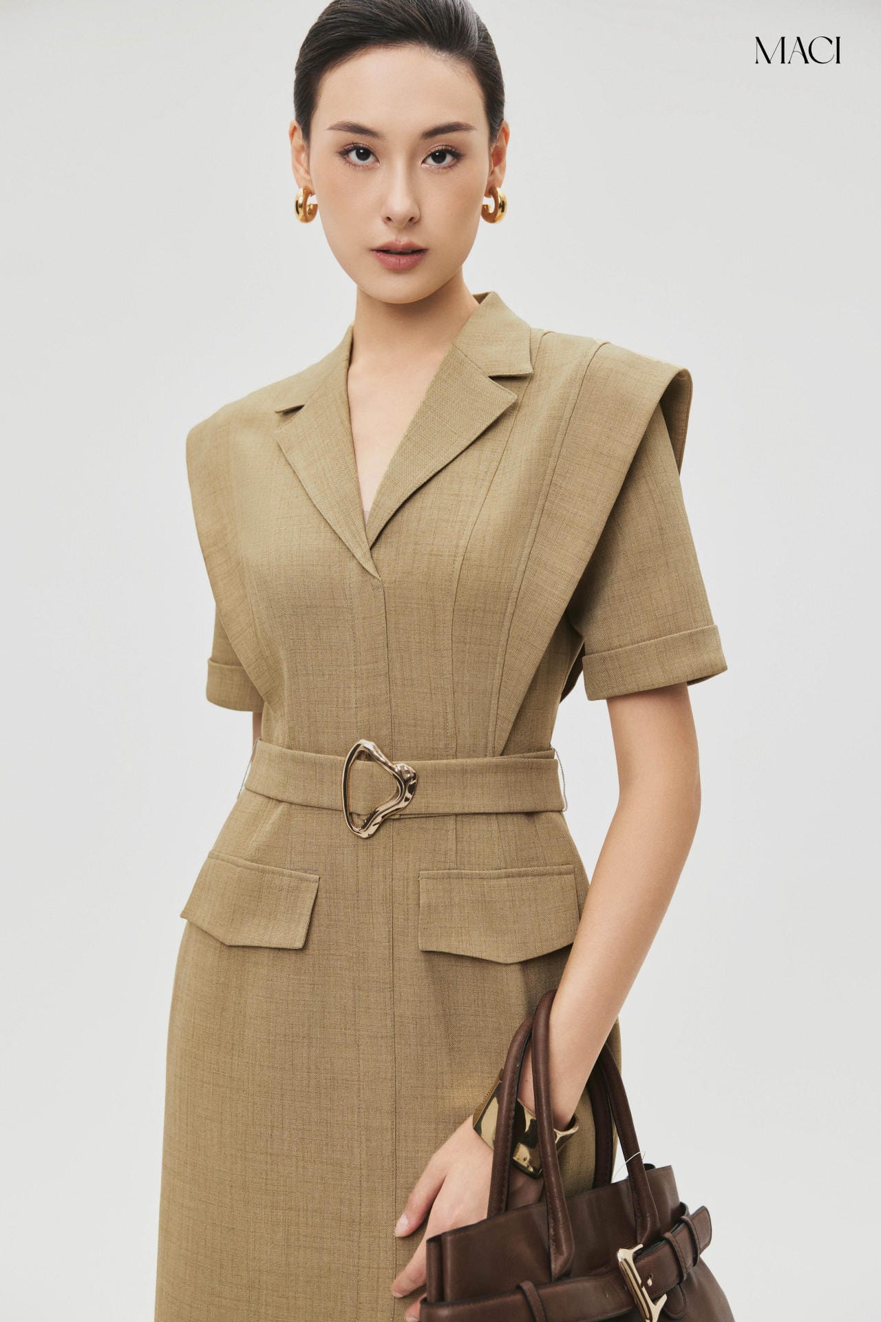 Đầm Vest Tay Chờm Kèm Đai Màu Cỏ Úa MACI by MKC MCVVAVA0175 Thời Trang Nữ Thiết Kế Độc Quyền Công Sở Cao Cấp