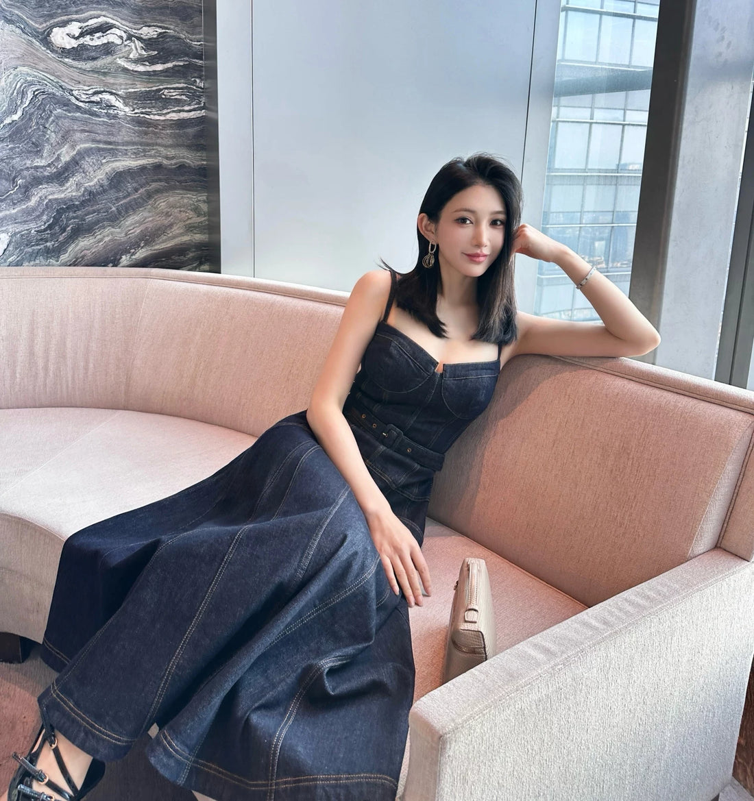 Đầm Denim Xanh Đậm Dáng Xoè V26012