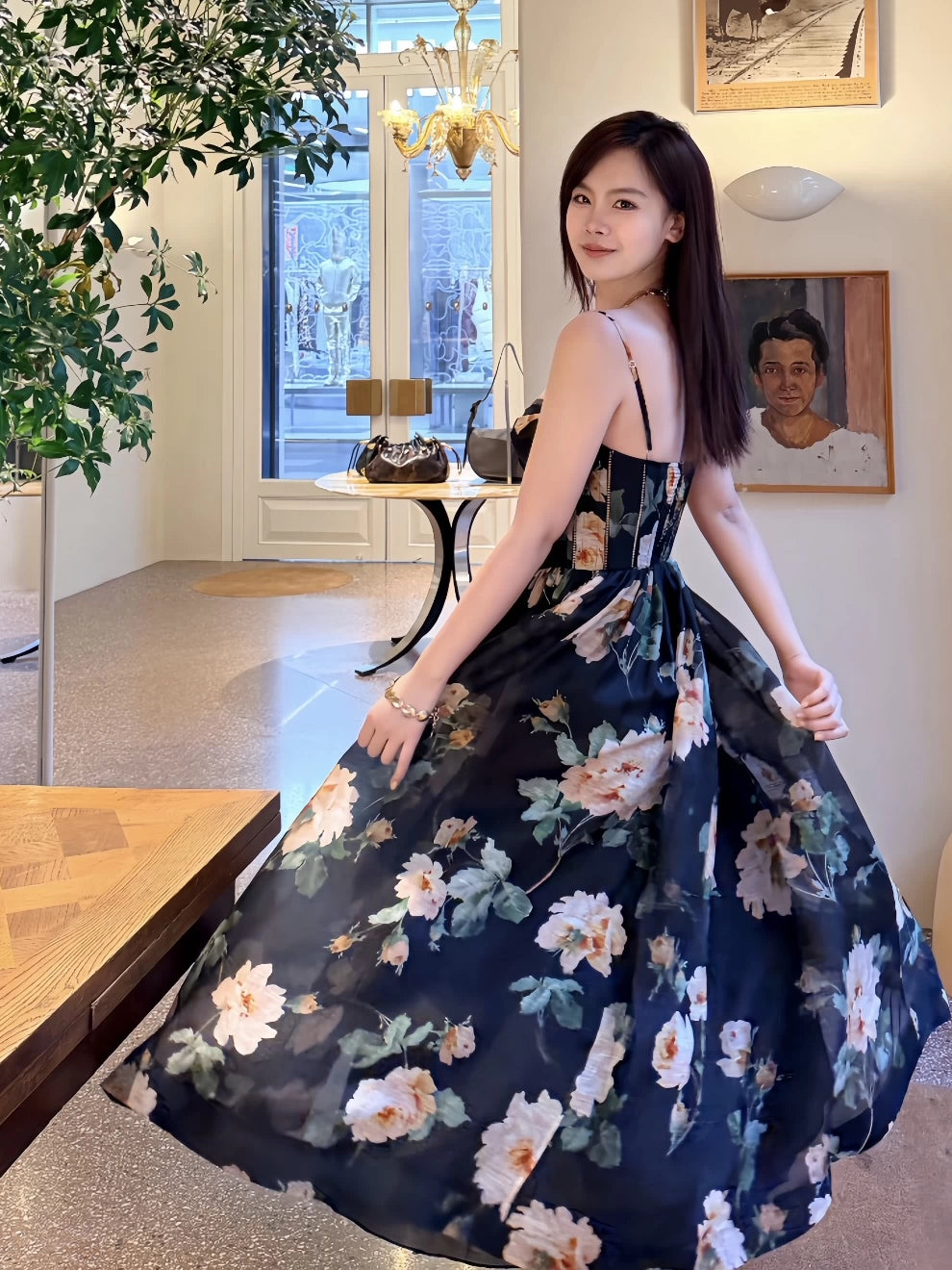 Đầm Corset Hai Dây Họa Tiết Hoa Hồng Sang Trọng, Quyến Rũ Tôn Dáng V26016