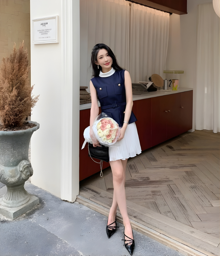 Váy Ngắn Xếp Ly Bằng Chiffon Màu Xanh Và Trắng, Bộ Đồ Hai Mảnh Không Tay V26010