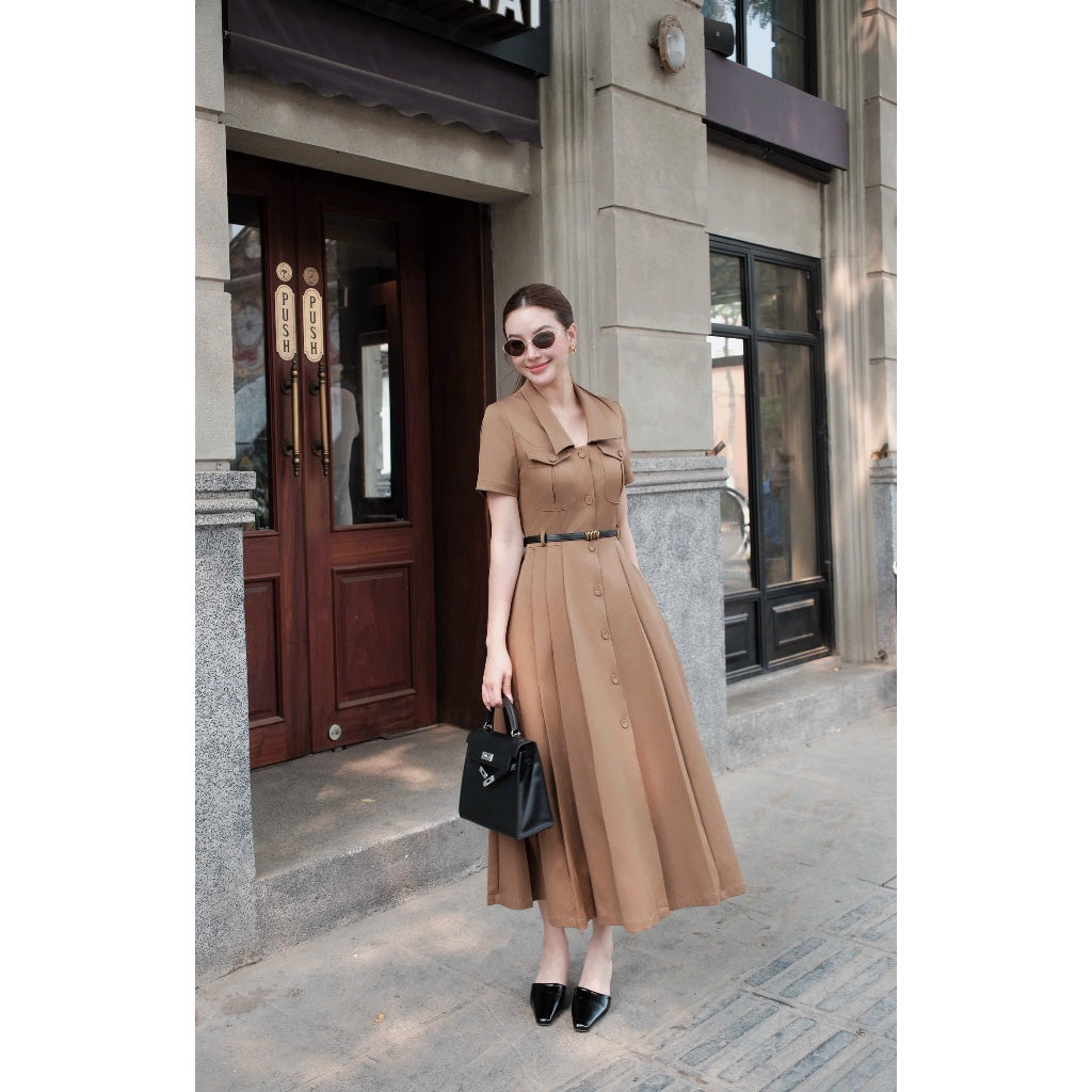 Đầm Liền Xếp Ly Kaki Hàn Công Sở Thanh Lịch Kèm Đai MACI by MKC MCVVANA0294 Thời Trang Nữ Thiết Kế