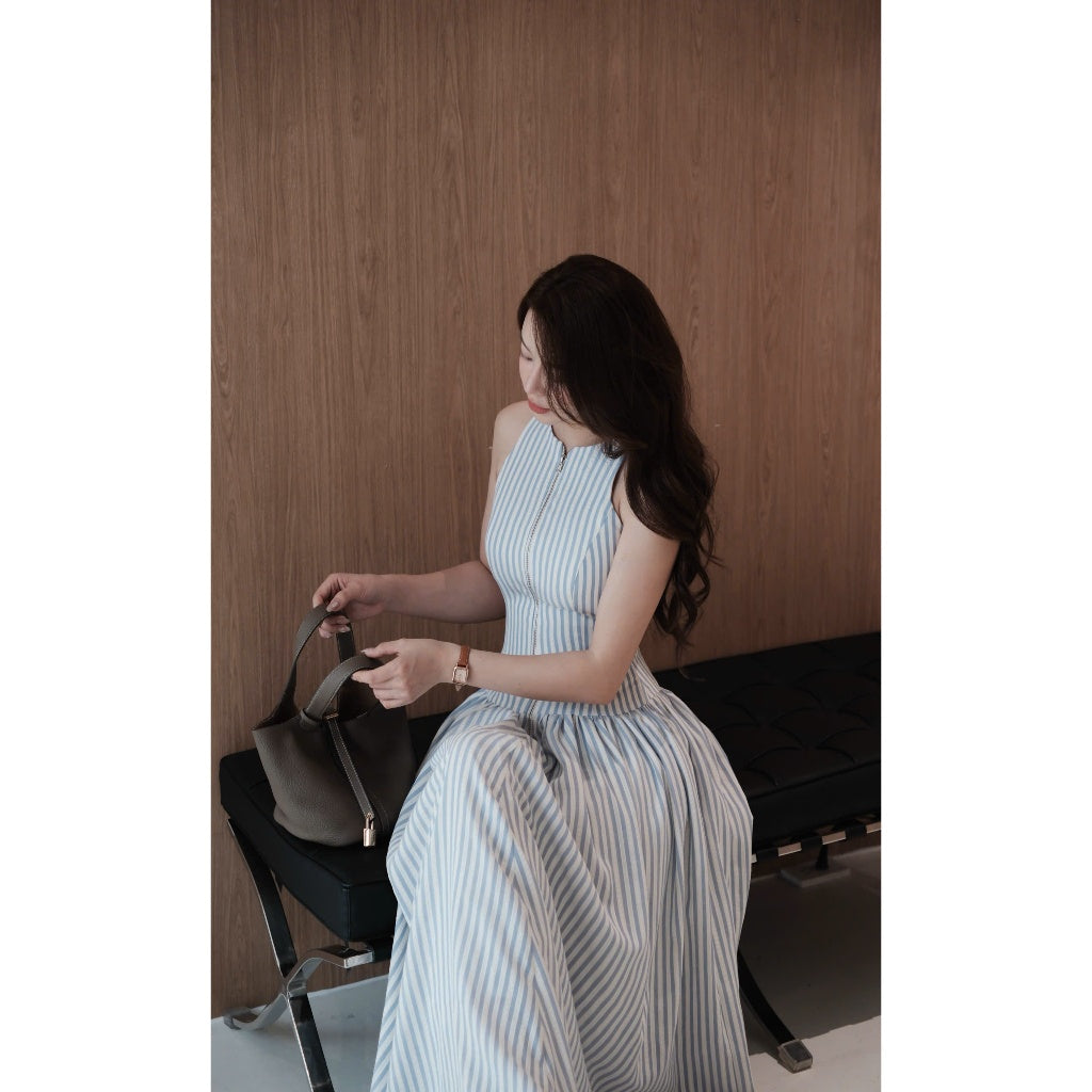 Váy Kẻ Xanh Sát Nách Khoá Đồng Chất Thô Cotton Hàn 2 Lớp MACI by MKC MCVVAXD0286 Thời Trang Nữ Thiết Kế Độc Quyền