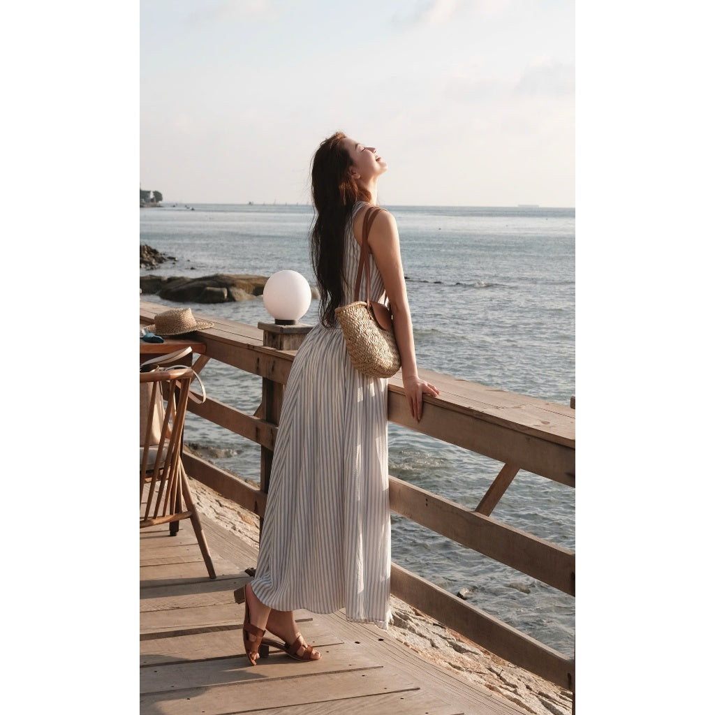 Váy Kẻ Xanh Sát Nách Khoá Đồng Chất Thô Cotton Hàn 2 Lớp MACI by MKC MCVVAXD0286 Thời Trang Nữ Thiết Kế Độc Quyền