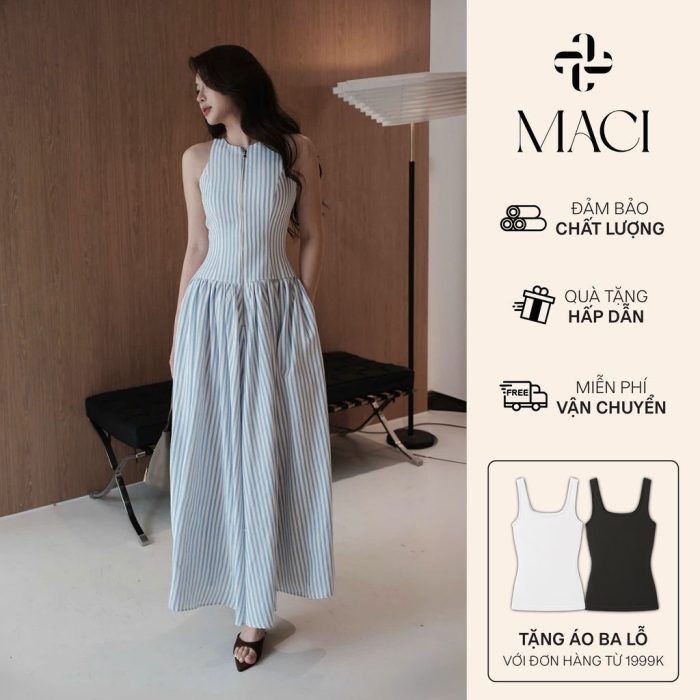 Váy Kẻ Xanh Sát Nách Khoá Đồng Chất Thô Cotton Hàn 2 Lớp MACI by MKC MCVVAXD0286 Thời Trang Nữ Thiết Kế Độc Quyền